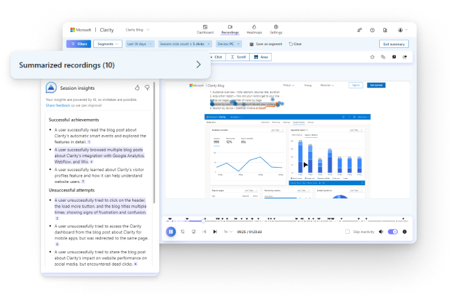 Microsoft Clarity session recording dashboard
