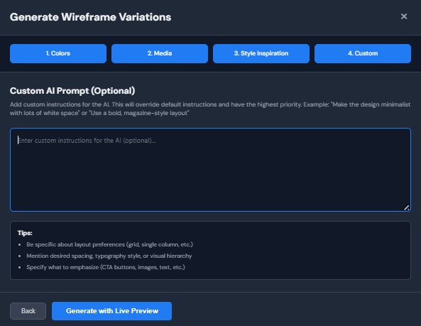 Write a custom prompt to guide the wireframe output