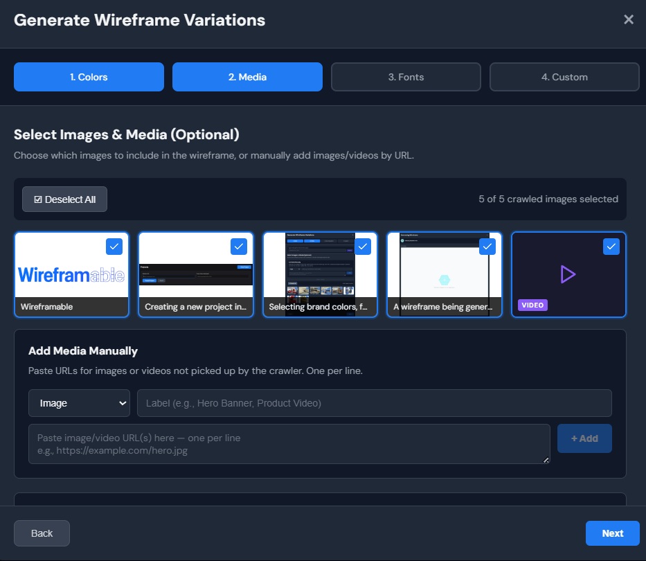 Selecting brand colors, fonts and images in Wireframable